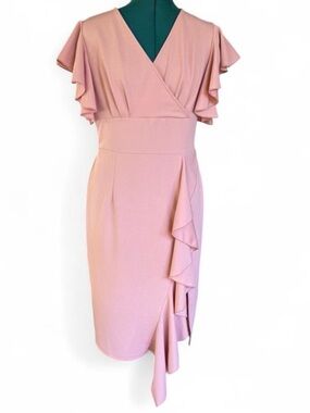 Knitee Flutter-Sleeve Wrap Midi Dress in Blush